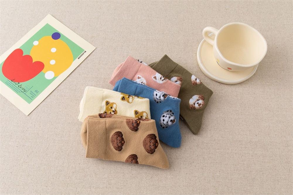 Nouvelles Chaussettes Créatives Mi-Hautes Chien de Dessin Animé Mignon Chaussettes Chaudes Femme Chien Teddy Poméranien Chaussettes en Coton Chaussettes Courtes Cheville Élégantes Unisexe pour Hommes et Femmes