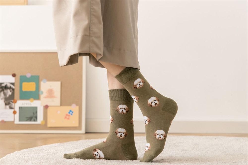 Nouvelles Chaussettes Créatives Mi-Hautes Chien de Dessin Animé Mignon Chaussettes Chaudes Femme Chien Teddy Poméranien Chaussettes en Coton Chaussettes Courtes Cheville Élégantes Unisexe pour Hommes et Femmes