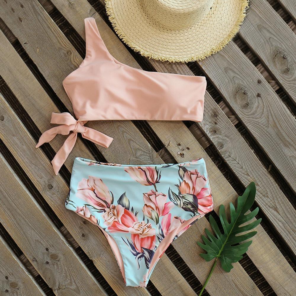 Bikinis Femme Nouveau Maillot de Bain à Une Épaule Taille Haute Maillot de Bain Bandage Maillots de Bain Tenue de Plage Femme Dentelle Deux Pièces Robe de Bain avec Bas de Bikini Maillots de Bain