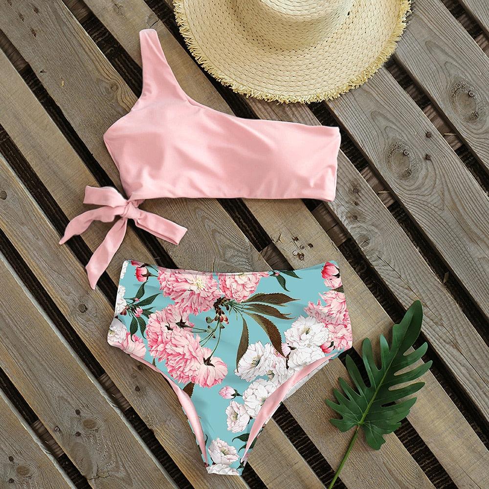 Bikinis Femme Nouveau Maillot de Bain à Une Épaule Taille Haute Maillot de Bain Bandage Maillots de Bain Tenue de Plage Femme Dentelle Deux Pièces Robe de Bain avec Bas de Bikini Maillots de Bain