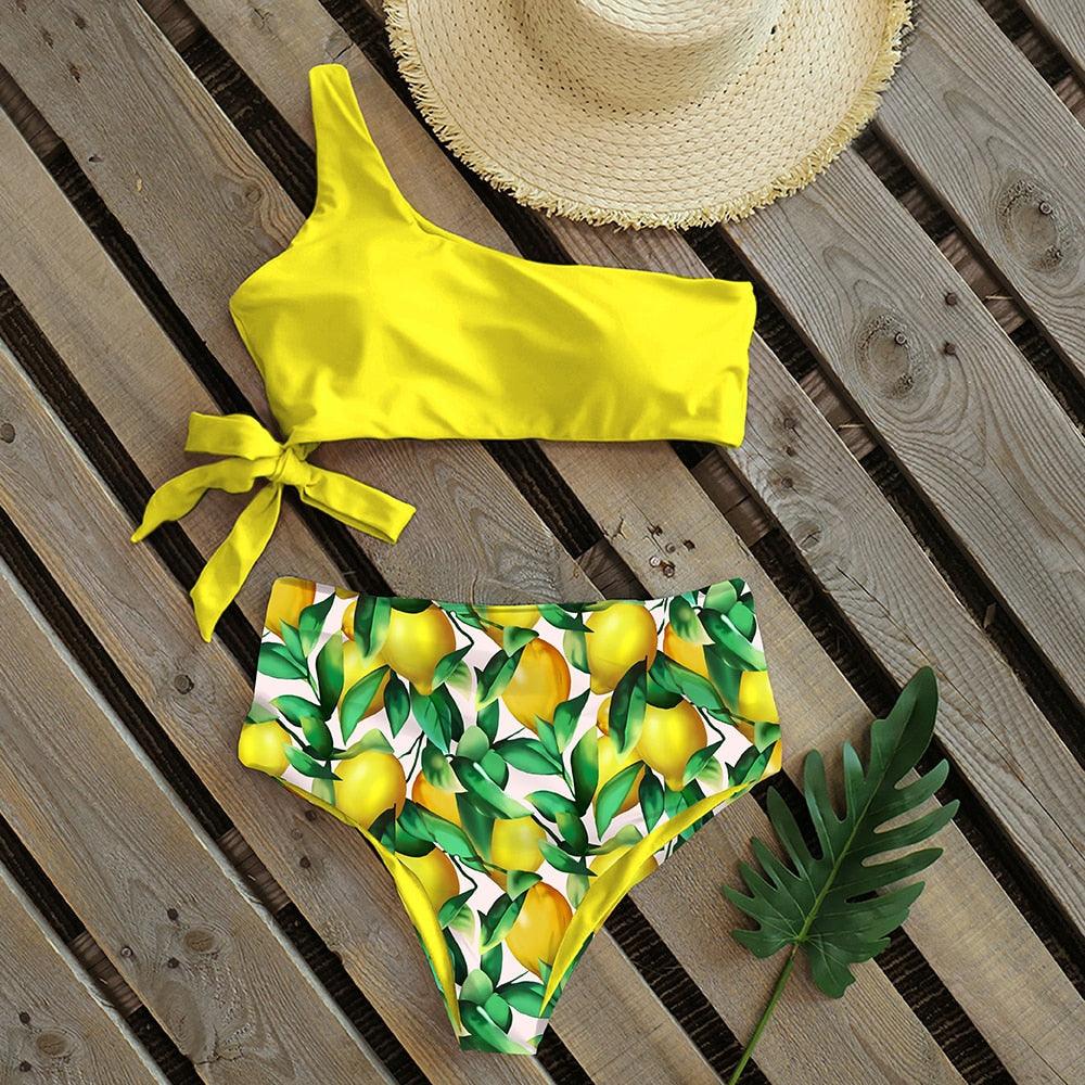 Bikinis Femme Nouveau Maillot de Bain à Une Épaule Taille Haute Maillot de Bain Bandage Maillots de Bain Tenue de Plage Femme Dentelle Deux Pièces Robe de Bain avec Bas de Bikini Maillots de Bain