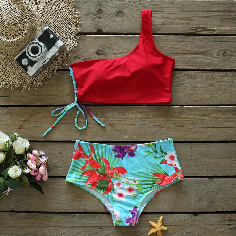 Bikinis Femme Nouveau Maillot de Bain à Une Épaule Taille Haute Maillot de Bain Bandage Maillots de Bain Tenue de Plage Femme Dentelle Deux Pièces Robe de Bain avec Bas de Bikini Maillots de Bain