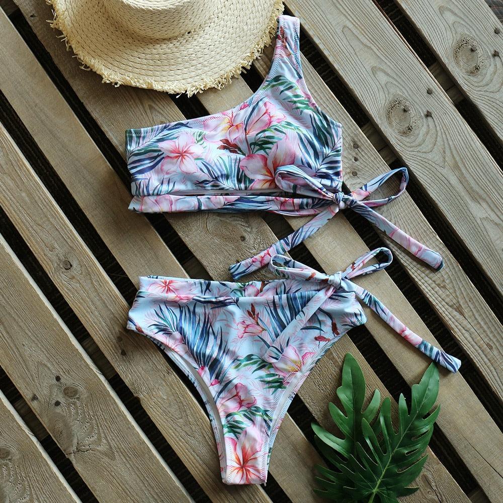 Bikinis Femme Nouveau Maillot de Bain à Une Épaule Taille Haute Maillot de Bain Bandage Maillots de Bain Tenue de Plage Femme Dentelle Deux Pièces Robe de Bain avec Bas de Bikini Maillots de Bain