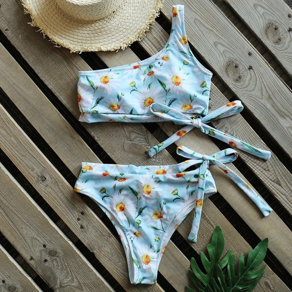 Bikinis Femme Nouveau Maillot de Bain à Une Épaule Taille Haute Maillot de Bain Bandage Maillots de Bain Tenue de Plage Femme Dentelle Deux Pièces Robe de Bain avec Bas de Bikini Maillots de Bain
