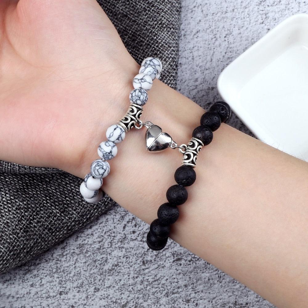 2 Pièces/Ensemble Bracelet Magnétique en Forme de Cœur pour Couples, Bijou Significant en Pierre Naturelle, Bracelet Élastique de Thérapie par Champ Magnétique pour Couples, Bracelets en Pierre Mate pour Femme, Idéal pour Petite Amie