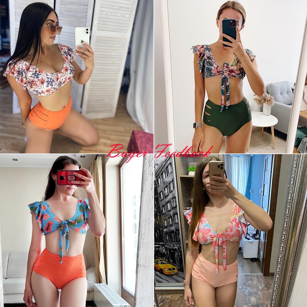 Maillot de bain bikini taille haute à volants pour femme, imprimé, maillot de bain push-up, grandes tailles, maillot de bain de plage floral, bikinis pour adolescentes