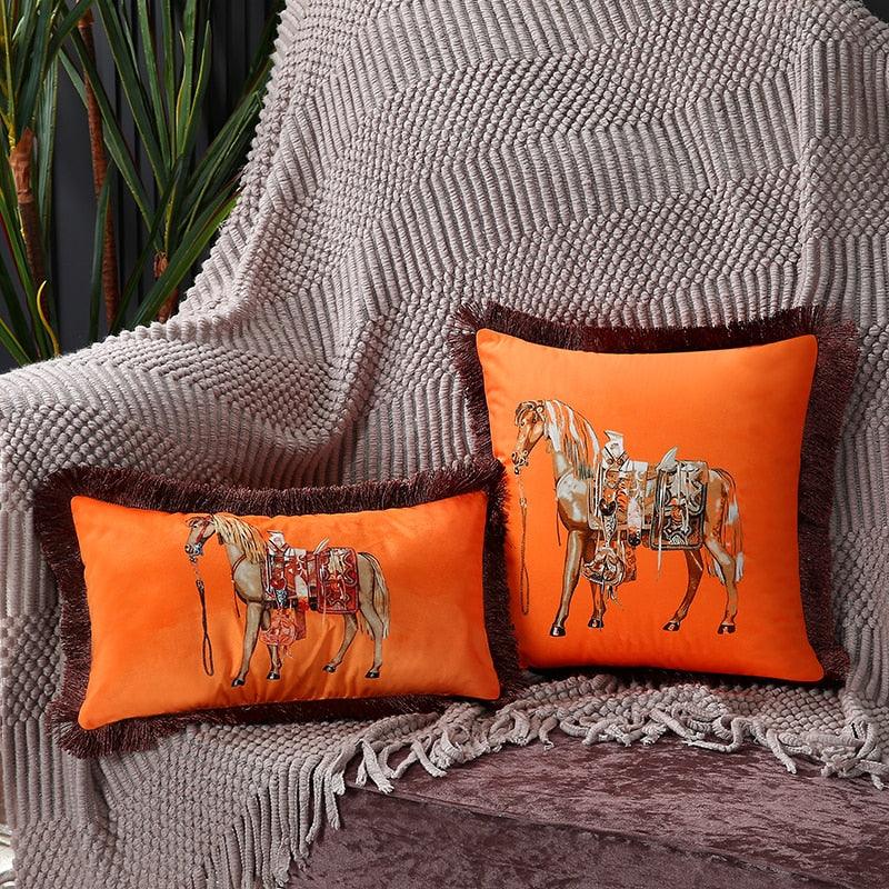 Housse de coussin de luxe unique en polyester imprimé européen américain, imprimé cheval, housse lombaire, bord à pompons, housses de coussin modernes décoratives carrées pour la maison, le lit, le canapé, le banc