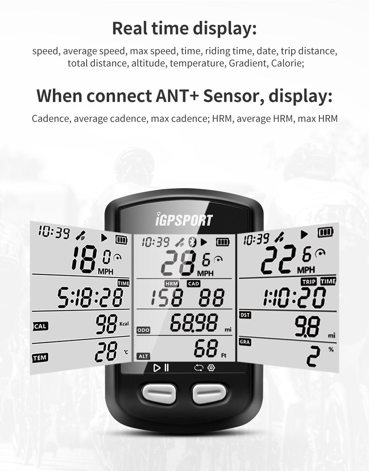 Compteur de vélo GPS sans fil, ordinateur de vélo étanche IPX6 avec ANT+ et Bluetooth, compteur de vitesse et odomètre de vélo rechargeable, ordinateur de cyclisme, suivi VTT avec affichage LCD rétroéclairé automatique