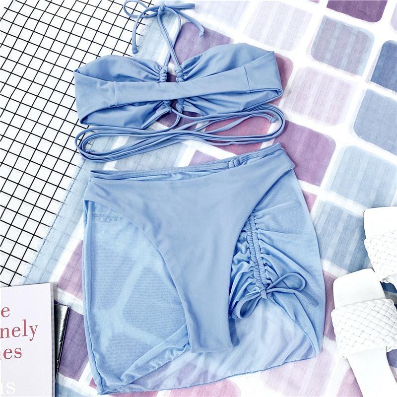 Ensemble de bikinis croisés creux, maillot de bain pour femme, nouveau maillot de bain deux pièces de couleur unie, haut de bikini à licou croisé avec découpes et bas taille haute, tenue de plage d'été, maillot de bain pour femme.