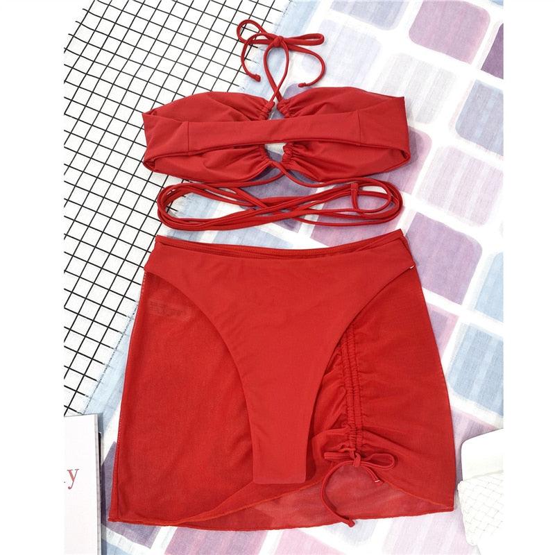 Ensemble de bikinis croisés creux, maillot de bain pour femme, nouveau maillot de bain deux pièces de couleur unie, haut de bikini à licou croisé avec découpes et bas taille haute, tenue de plage d'été, maillot de bain pour femme.