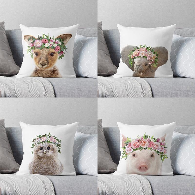 Housse de coussin en coton et lin avec motif d'adorables bébés animaux pour canapé, housses de coussin avec animaux (tigre, lapin, cheval, mouton, ours) avec des fleurs sur la tête, housses de coussin décoratives en velours 45X45CM