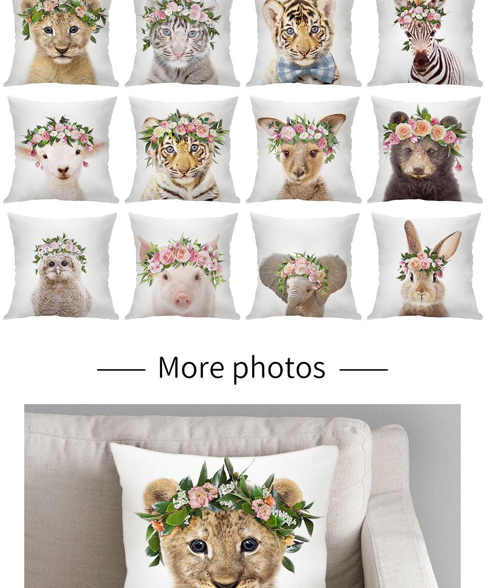 Housse de coussin en coton et lin avec motif d'adorables bébés animaux pour canapé, housses de coussin avec animaux (tigre, lapin, cheval, mouton, ours) avec des fleurs sur la tête, housses de coussin décoratives en velours 45X45CM