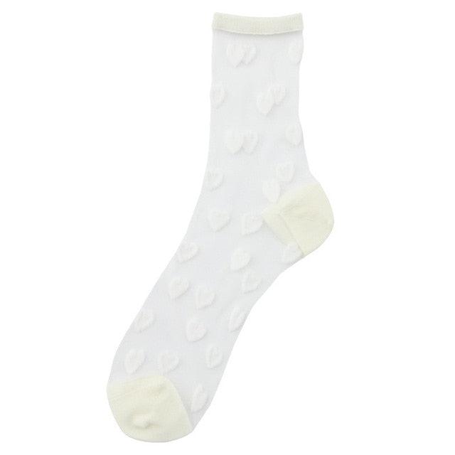 Chaussettes pour femmes Nouvelle mode longues transparentes avec motif de cœur mignon, chaussettes fines pour femme, été décontractées, chaussettes amusantes et élégantes à la cheville pour femmes