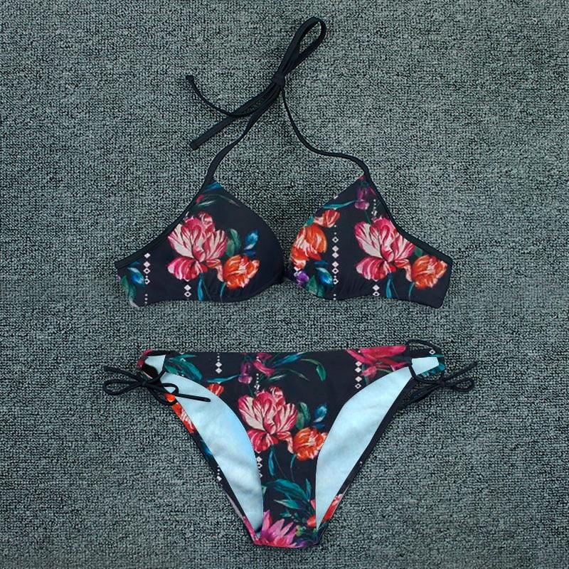 Maillot de bain bikini push-up imprimé floral pour femme - Ensemble de bikinis brésiliens - Vêtements de plage pour femme - Maillots de bain bikini imprimés floraux 2 pièces