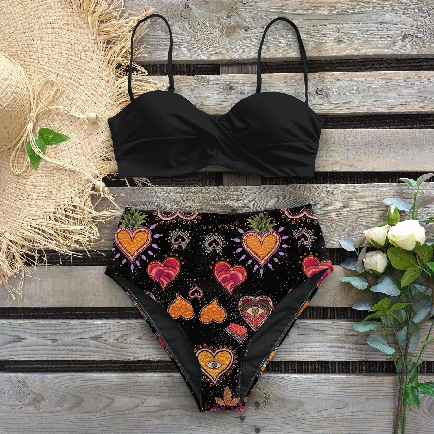 Maillot de bain bikini pour femme, push-up, ensemble bikini imprimé feuilles, taille haute pour femme, maillot de bain imprimé floral, devant torsadé, ensemble bikini taille haute.