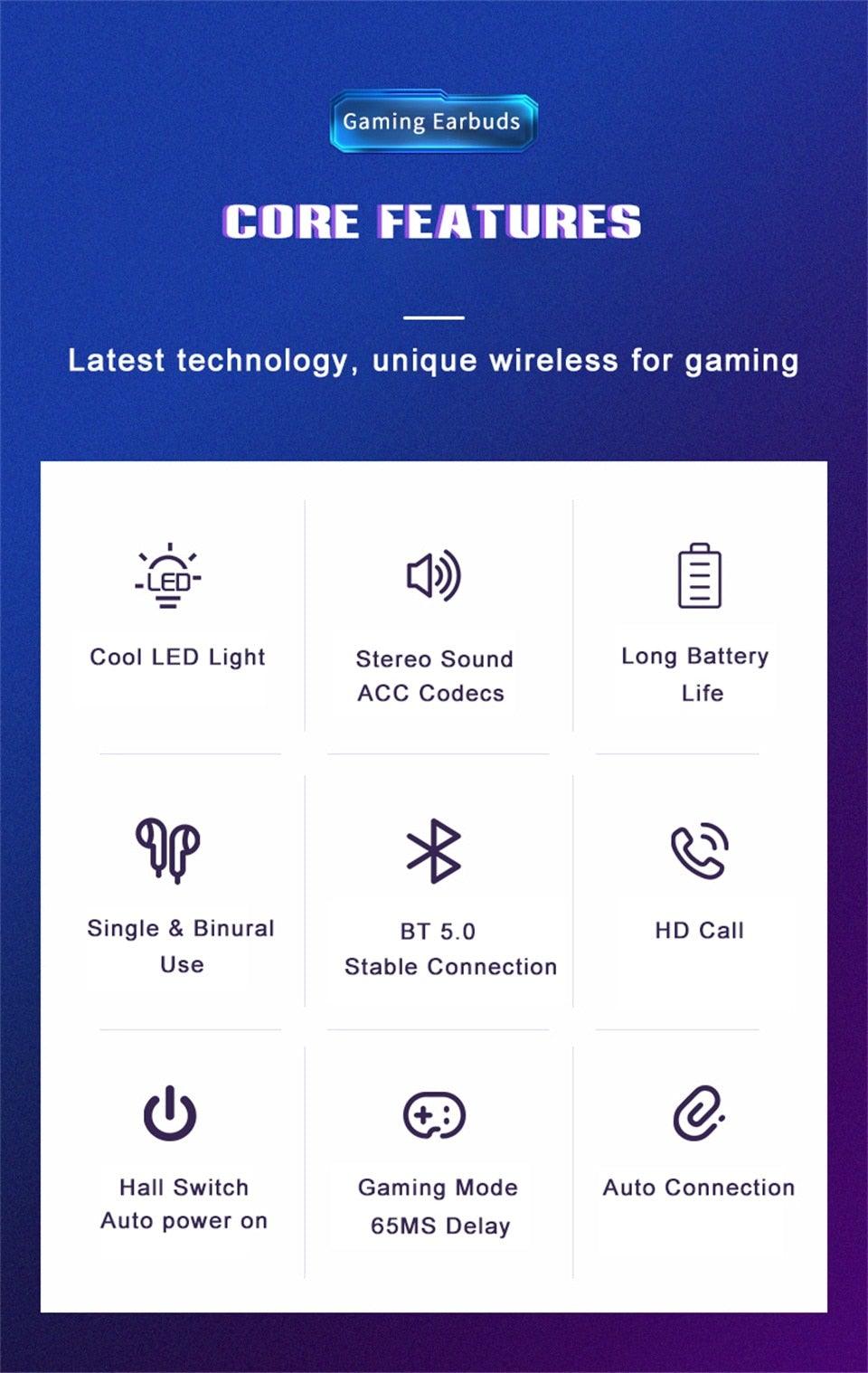Casque de jeu Bluetooth pour jeu mobile, faible latence de 65 ms, écouteurs sans fil (True Wireless Earbuds) avec micro, casque de jeu Bluetooth à commande tactile, écouteurs de jeu stéréo avec réduction du bruit et micro