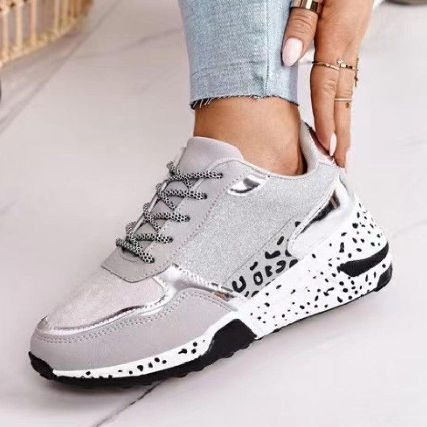 Baskets femmes imprimé léopard à lacets chaussures vulcanisées femme baskets de sport respirantes rehaussant la taille pour la marche, le jogging Baskets de sport dorées et argentées pour femmes