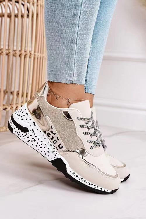Baskets femmes imprimé léopard à lacets chaussures vulcanisées femme baskets de sport respirantes rehaussant la taille pour la marche, le jogging Baskets de sport dorées et argentées pour femmes