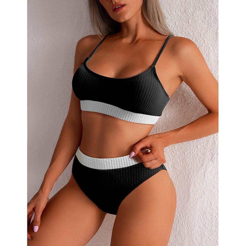 Maillots de bain taille haute bikinis femmes push-up maillots de bain ensembles bikini taille haute unis maillot de bain sportif deux pièces maillot de bain col rond pour femmes maillots de bain côtelés coupe haute vêtements de plage d'été