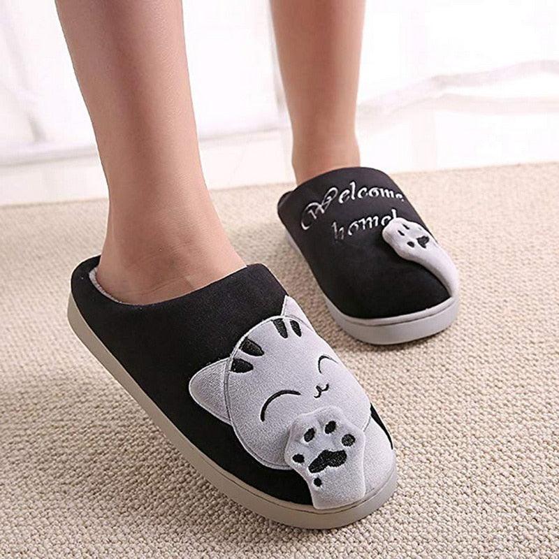 Chaussons d'hiver chauds pour femmes, chaussures de couple en peluche motif chat, chaussures plates douces d'intérieur, confortables, en mousse à mémoire de forme, chaussons chauds à enfiler pour la maison