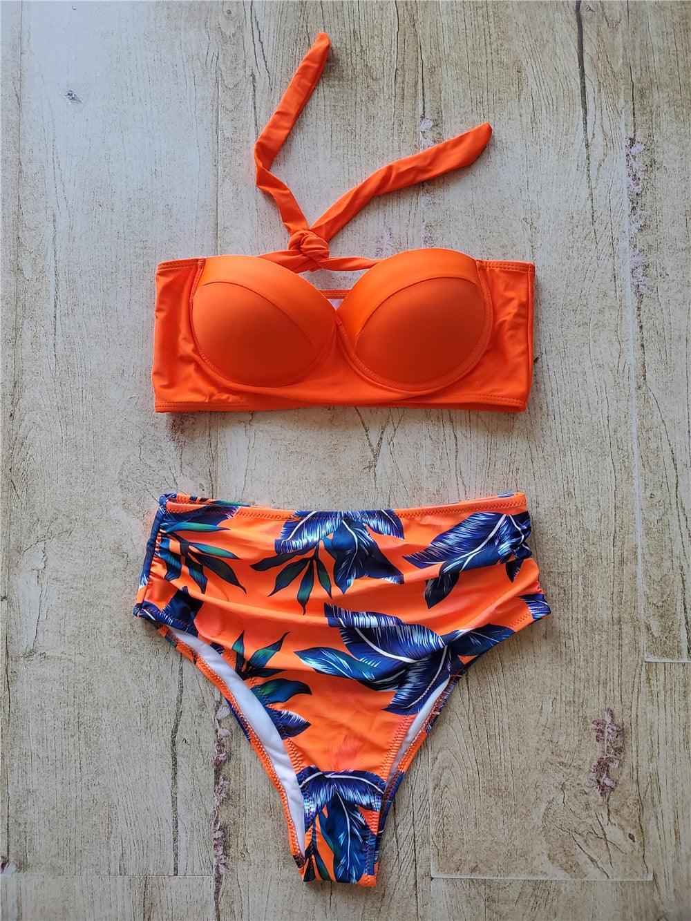 Ensemble de bikini floral feuille femme dos nu taille haute deux pièces maillot de bain de plage maillot de bain femme bikini à volants bandage taille haute bas maillot de bain deux pièces