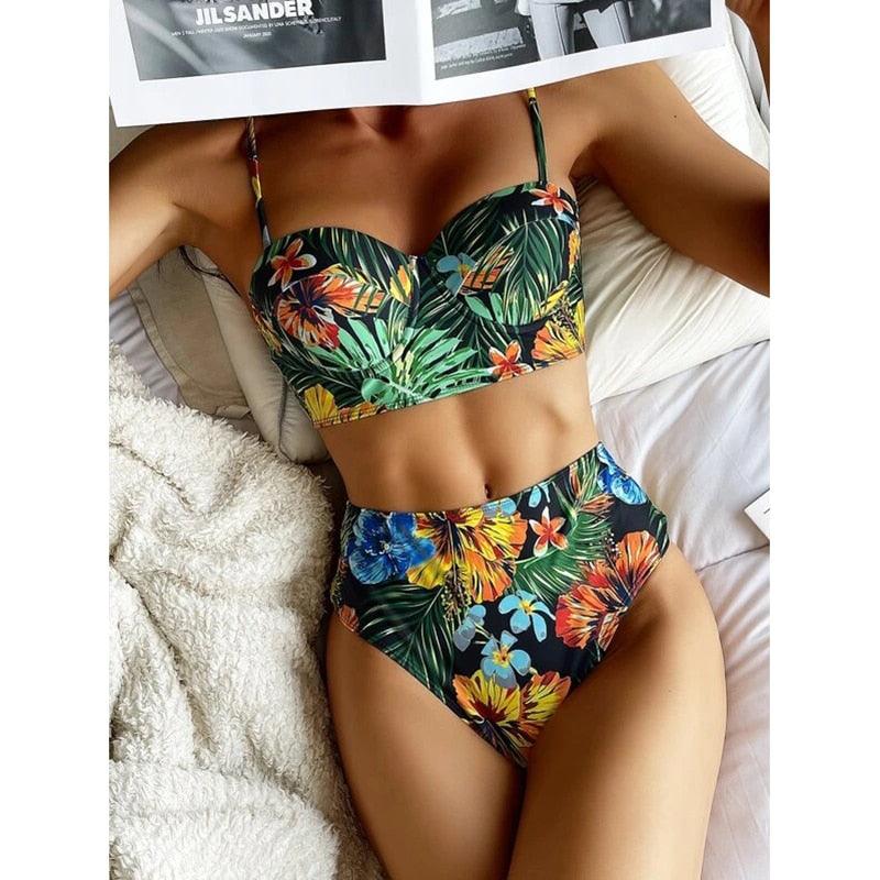 Maillot de bain de luxe pour femme, bikini noir, taille haute, 2 pièces, ensemble de maillot de bain, maillot de bain de plage pour femme, ensemble bikini bandage taille haute deux pièces, push-up
