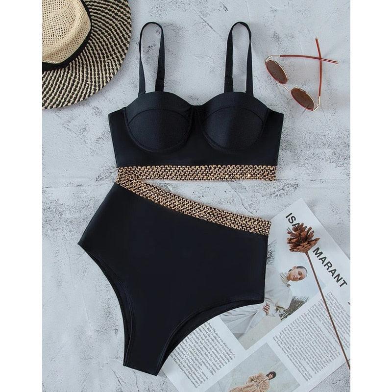 Maillot de bain de luxe pour femme, bikini noir, taille haute, 2 pièces, ensemble de maillot de bain, maillot de bain de plage pour femme, ensemble bikini bandage taille haute deux pièces, push-up