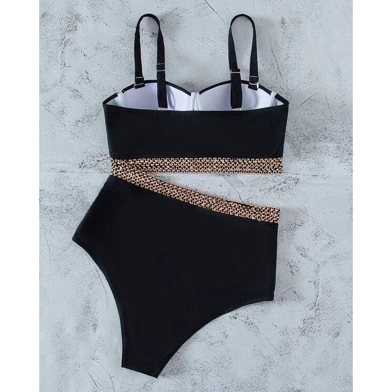 Maillot de bain de luxe pour femme, bikini noir, taille haute, 2 pièces, ensemble de maillot de bain, maillot de bain de plage pour femme, ensemble bikini bandage taille haute deux pièces, push-up