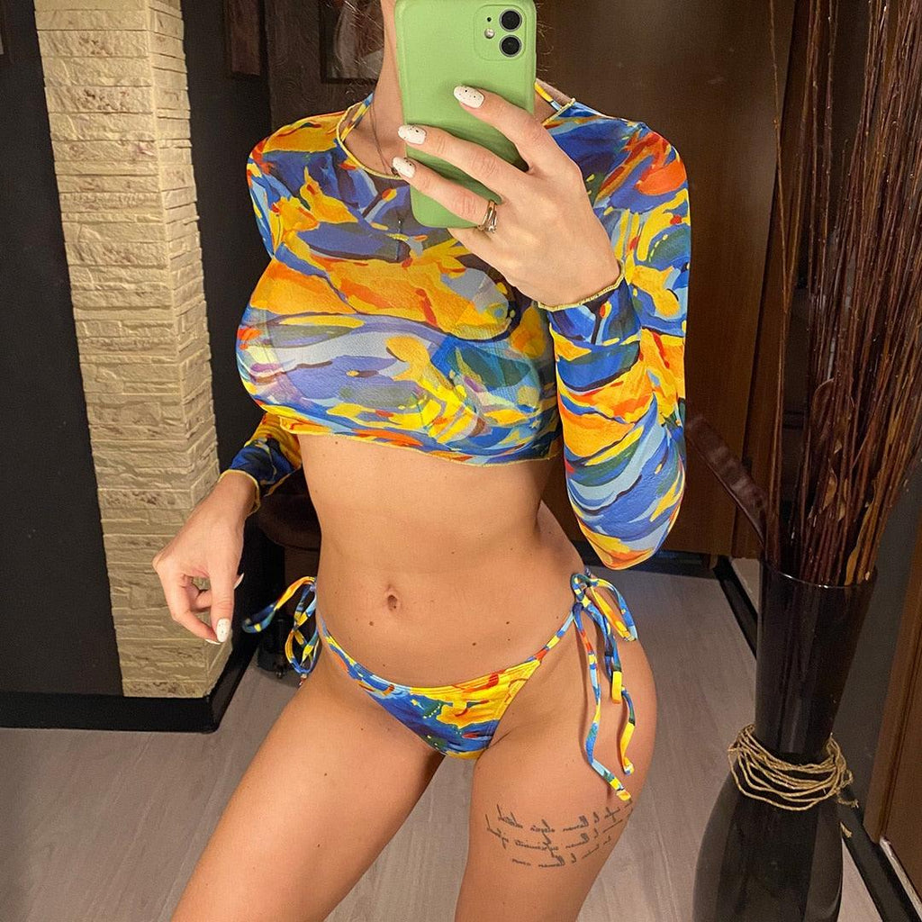 Maillot de bain bikini imprimé léopard vintage avec bretelles pour femme, maillot de bain léopard imprimé léopard trois pièces, maillot de bain à manches longues, maillot de bain mignon.