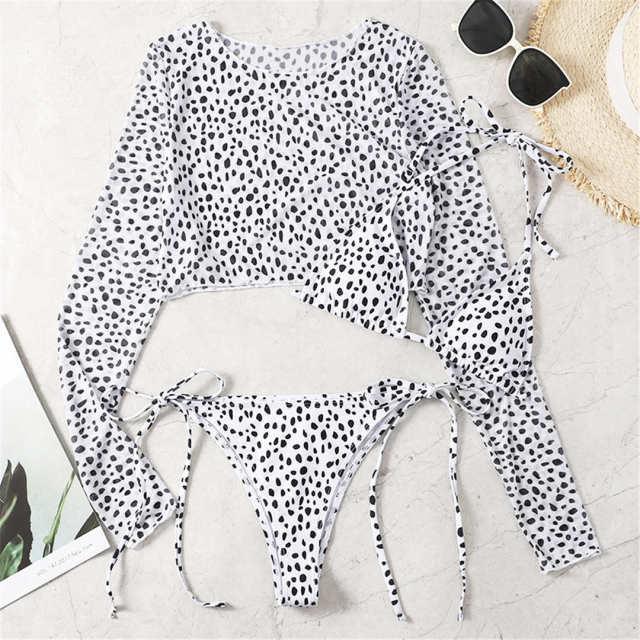 Maillot de bain bikini imprimé léopard vintage avec bretelles pour femme, maillot de bain léopard imprimé léopard trois pièces, maillot de bain à manches longues, maillot de bain mignon.