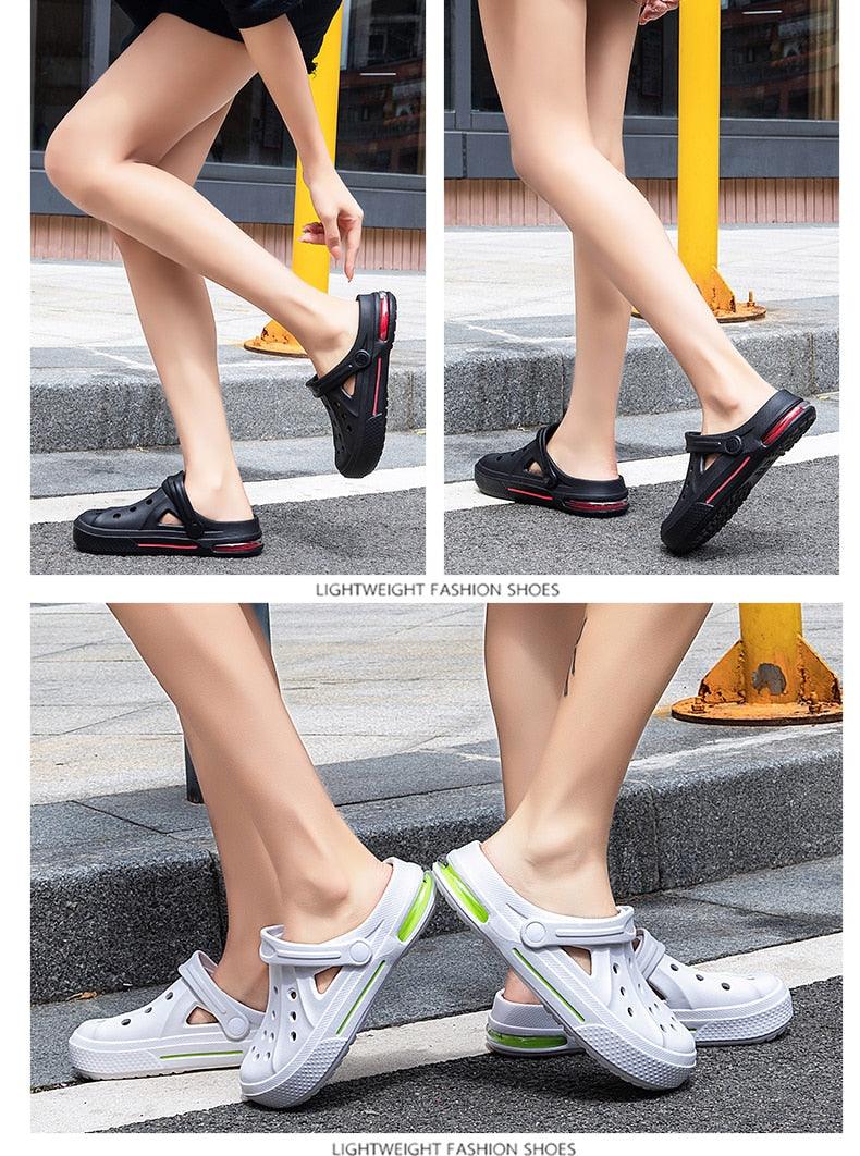 Sandales pour Femmes Été Trous Chaussures en Caoutchouc Sabots Chaussures de Jardin Noires Sandales Plates de Plage Sabots de Jardin Sandales Légères à Enfiler Classiques Réglables Chaussons de Marche d'Extérieur