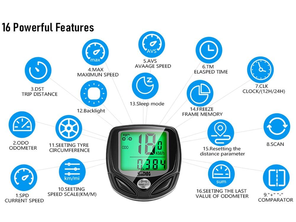 Compteur de Vélo Sans Fil Étanche, 16 Fonctions, Compteur de Vitesse Vélo, Odomètre de Cyclisme Sans Fil Étanche avec Affichage Rétroéclairé LCD Multi-Fonction