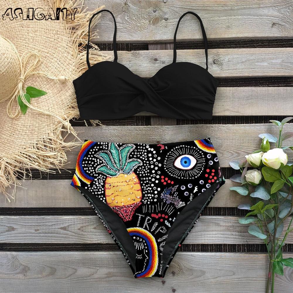 Maillot de bain bikini pour femme, push-up, ensemble bikini imprimé feuilles, taille haute pour femme, maillot de bain imprimé floral, devant torsadé, ensemble bikini taille haute.