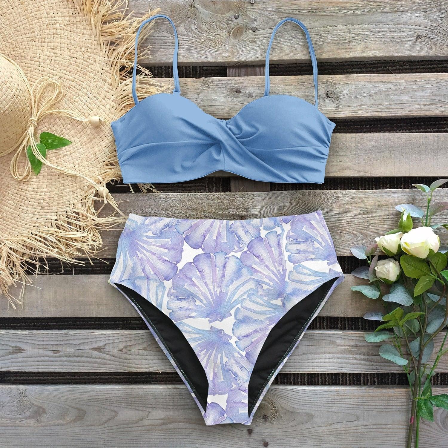 Maillot de bain bikini pour femme, push-up, ensemble bikini imprimé feuilles, taille haute pour femme, maillot de bain imprimé floral, devant torsadé, ensemble bikini taille haute.
