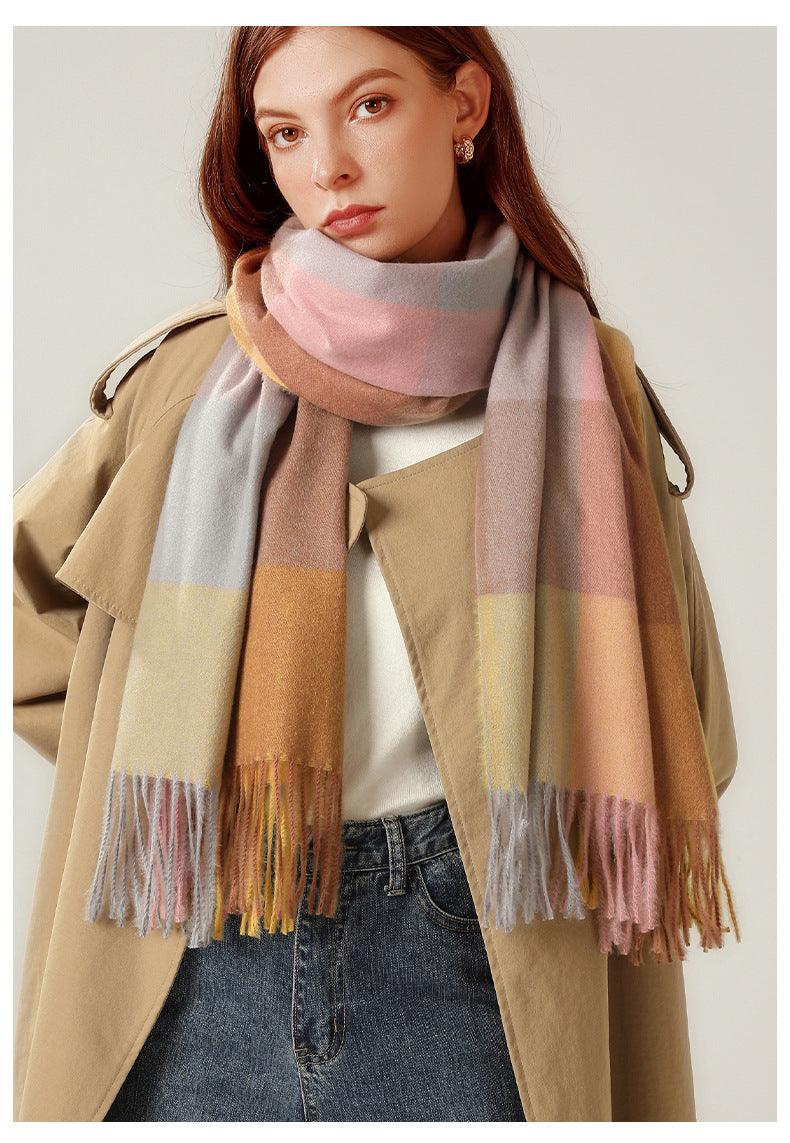 Écharpe de luxe, mode automne-hiver, douce et chaude, à carreaux, hijabs colorés, châles en cachemire, bandana doux et chaud, écharpes légères pour femmes, écharpe élégante, écharpe en laine douce élégante à pompons pour femmes