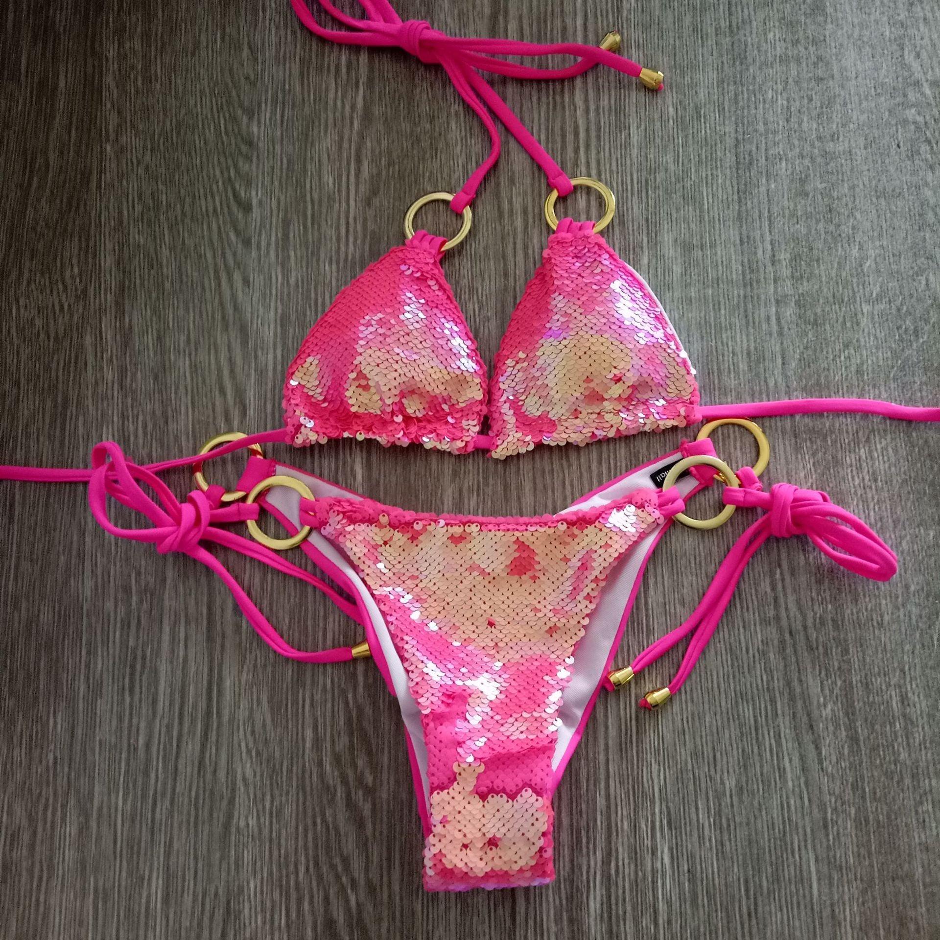 Maillot de bain bikini brillant et solide, licou, pour femmes, ensemble de bikini à paillettes brillantes, vêtements de plage pour femmes, bikini brillant, micro-string deux pièces, maillot de bain d'été pour femmes