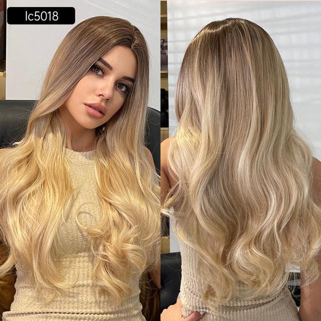 Longues perruques pour femmes avec frange Ombre Brun Platine Blond Perruques Raie latérale Synthétiques Ondulées Perruques Femmes Cosplay Fête Perruques Pour Femmes Noires Perruques Cosplay Pour Femmes