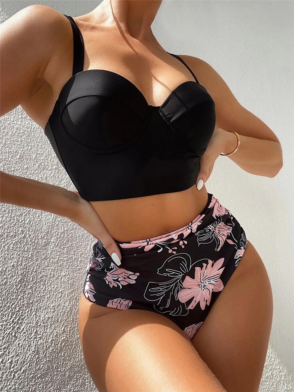 Ensemble de bikini floral feuille femme dos nu taille haute deux pièces maillot de bain de plage maillot de bain femme bikini à volants bandage taille haute bas maillot de bain deux pièces