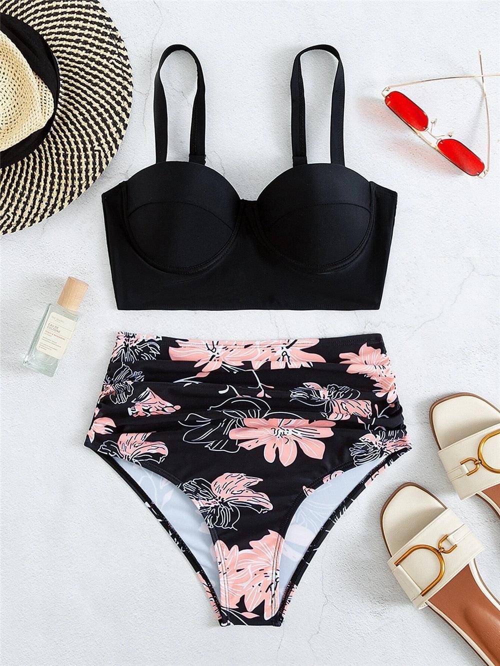 Ensemble de bikini floral feuille femme dos nu taille haute deux pièces maillot de bain de plage maillot de bain femme bikini à volants bandage taille haute bas maillot de bain deux pièces