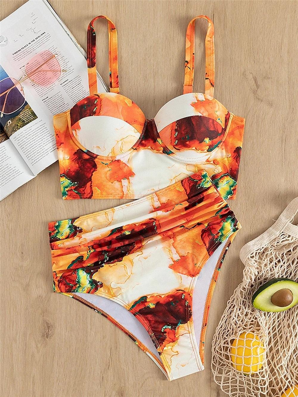 Ensemble de bikini floral feuille femme dos nu taille haute deux pièces maillot de bain de plage maillot de bain femme bikini à volants bandage taille haute bas maillot de bain deux pièces