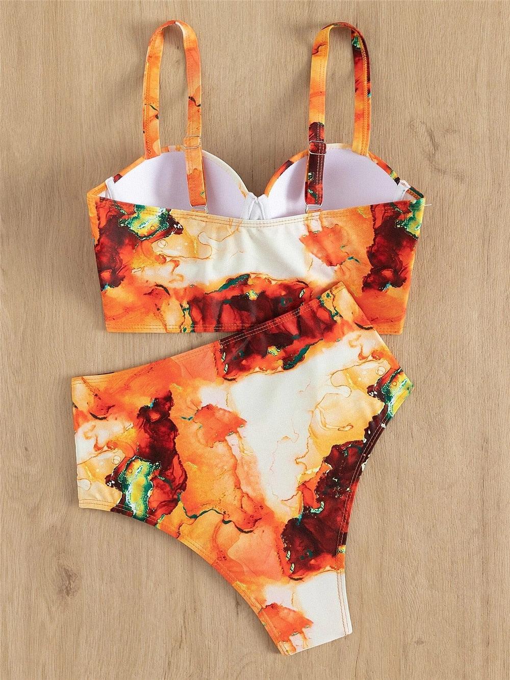 Ensemble de bikini floral feuille femme dos nu taille haute deux pièces maillot de bain de plage maillot de bain femme bikini à volants bandage taille haute bas maillot de bain deux pièces