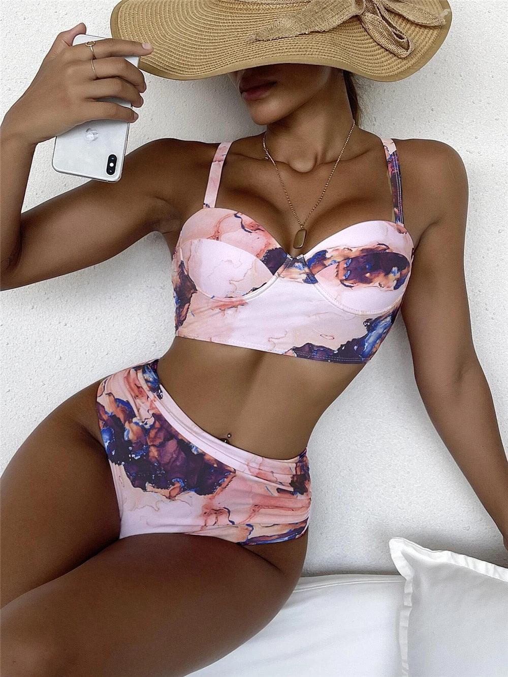 Ensemble de bikini floral feuille femme dos nu taille haute deux pièces maillot de bain de plage maillot de bain femme bikini à volants bandage taille haute bas maillot de bain deux pièces
