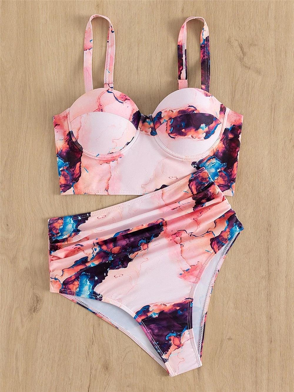 Ensemble de bikini floral feuille femme dos nu taille haute deux pièces maillot de bain de plage maillot de bain femme bikini à volants bandage taille haute bas maillot de bain deux pièces