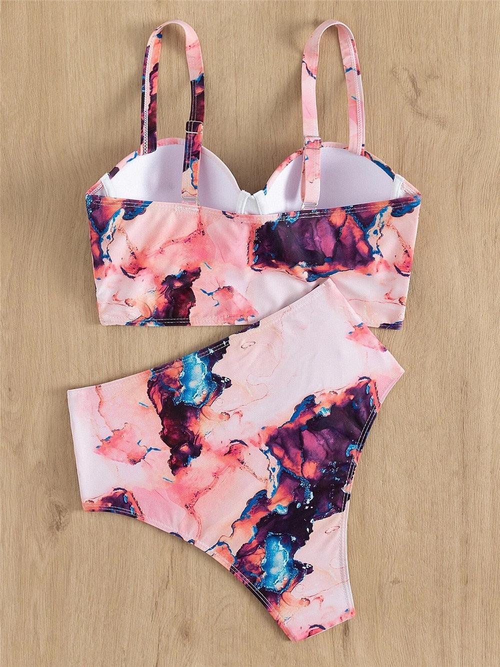 Ensemble de bikini floral feuille femme dos nu taille haute deux pièces maillot de bain de plage maillot de bain femme bikini à volants bandage taille haute bas maillot de bain deux pièces