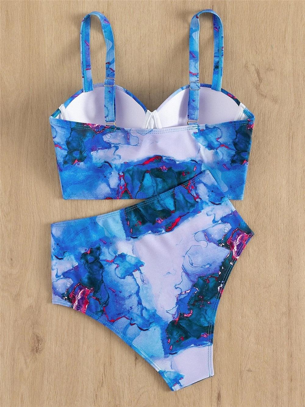Ensemble de bikini floral feuille femme dos nu taille haute deux pièces maillot de bain de plage maillot de bain femme bikini à volants bandage taille haute bas maillot de bain deux pièces