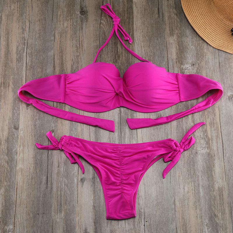 Ensemble de bikinis solides à lanières, maillot de bain push-up blanc, maillot de bain pour femme, bas de bikini côtelé à nouer, maillot de bain string ajustable à lacets pour femme