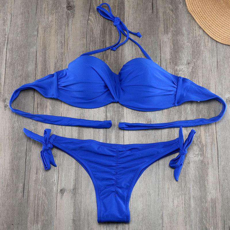 Ensemble de bikinis solides à lanières, maillot de bain push-up blanc, maillot de bain pour femme, bas de bikini côtelé à nouer, maillot de bain string ajustable à lacets pour femme