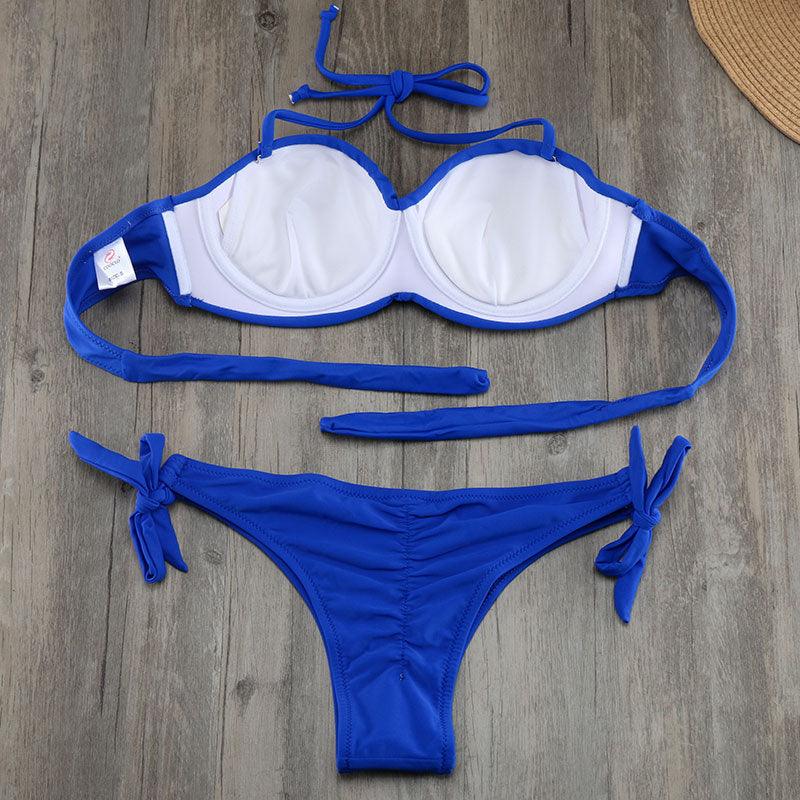 Ensemble de bikinis solides à lanières, maillot de bain push-up blanc, maillot de bain pour femme, bas de bikini côtelé à nouer, maillot de bain string ajustable à lacets pour femme