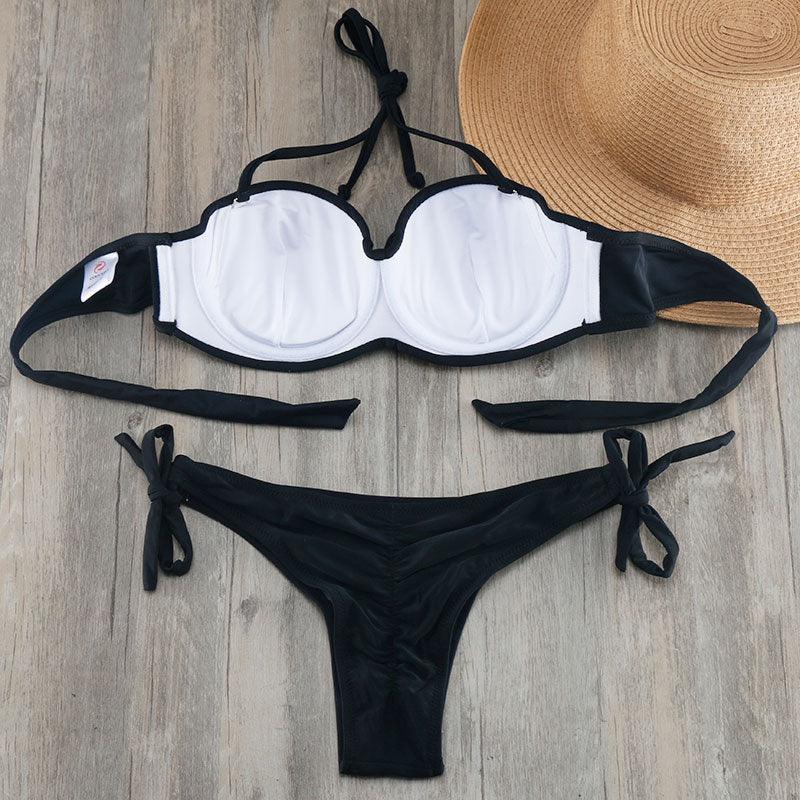Ensemble de bikinis solides à lanières, maillot de bain push-up blanc, maillot de bain pour femme, bas de bikini côtelé à nouer, maillot de bain string ajustable à lacets pour femme