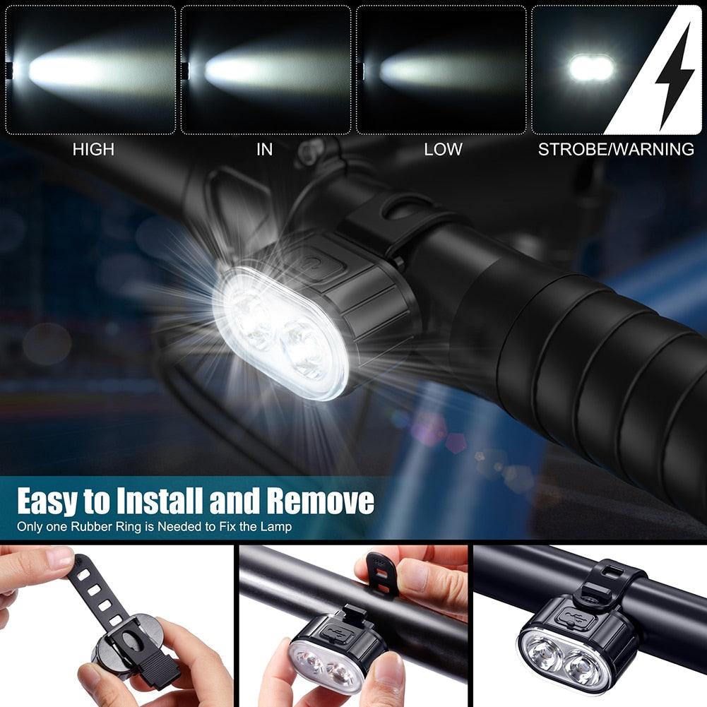 2 lampes LED de vélo, avant et arrière, rechargeables par USB, phares de vélo, feux arrière de cyclisme, éclairage super lumineux avant et arrière de vélo, rechargeables par USB, durables, étanches, pour VTT, casque, route, conduite de nuit, pour vélo